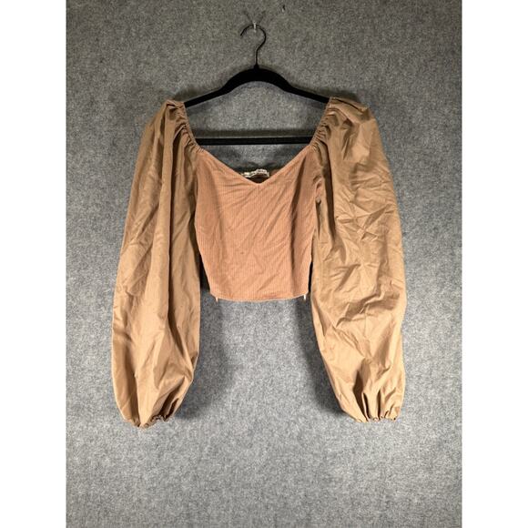 Abercrombie Fitch Blouse Women Medium‎ Brown Puff Sleeve Top Boho Stretch - Picture 1 of 7